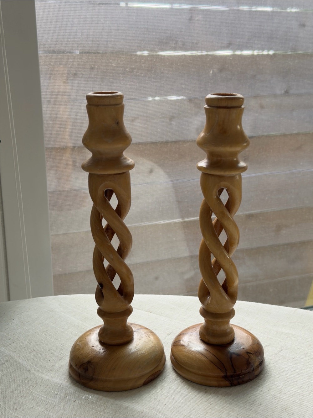 Vintage Carved Olive Wood Spiral Candlesticks